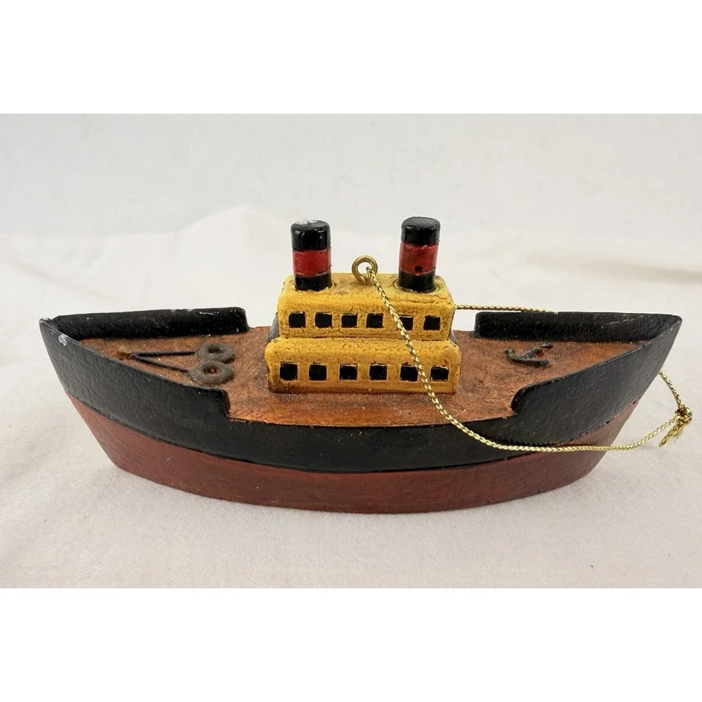 Vintage Hand Carved Wood Tugboat Ornament Folk Art‎ Nautical Boat